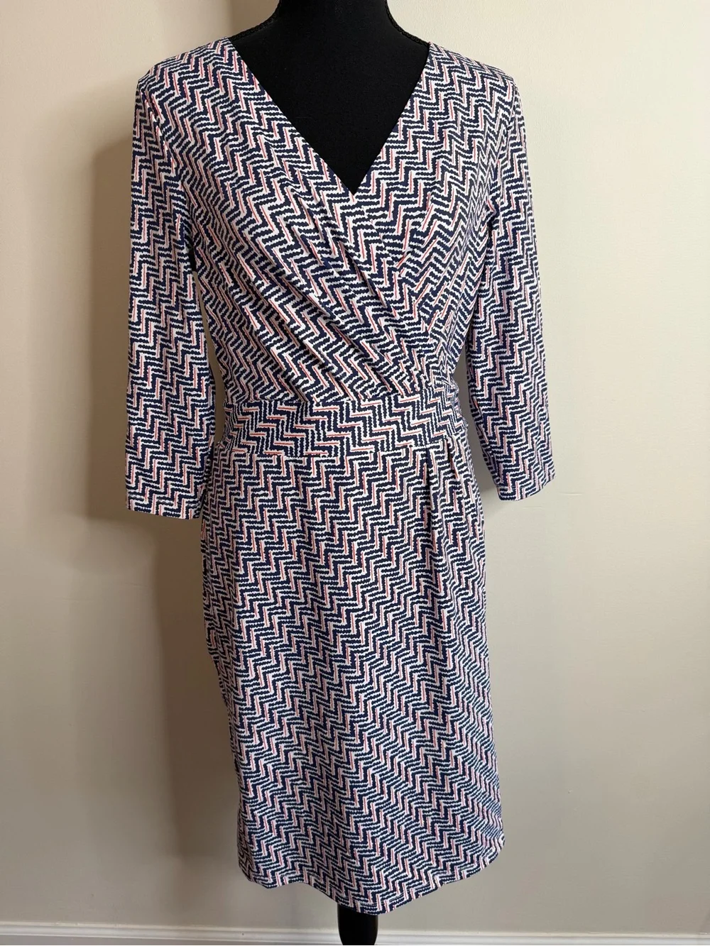 J McLaughlin Sz S Catalina Cloth Faux Wrap Dress 3/4 Sleeve Blue Red Stretch